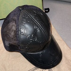 Gucci black embossed leather baseball hat